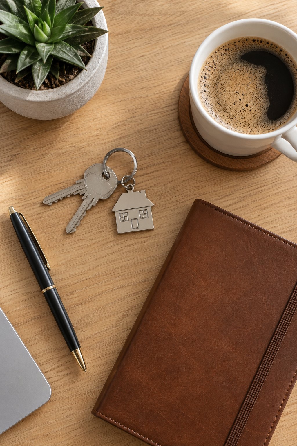 A realtor's desk with house keys and a notebook, illustrative