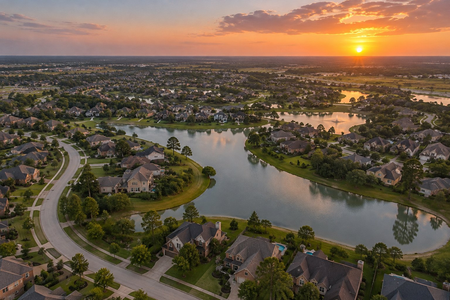 An aerial of a community southwest of Houston, illustrative