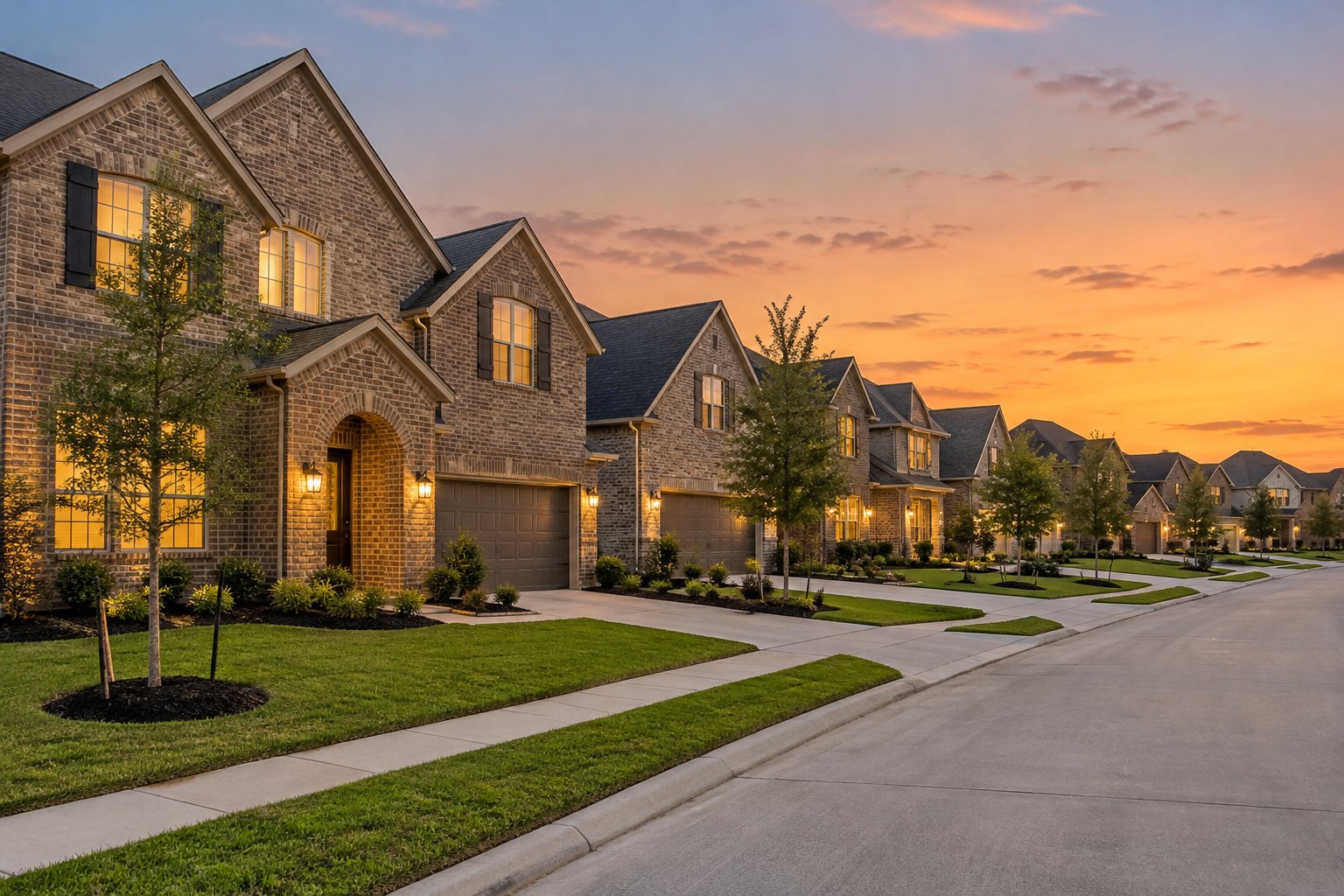 New homes in Fort Bend County at dusk, illustrative