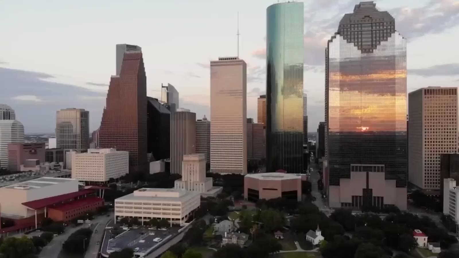 Aerial view of the Greater Houston skyline at sunset