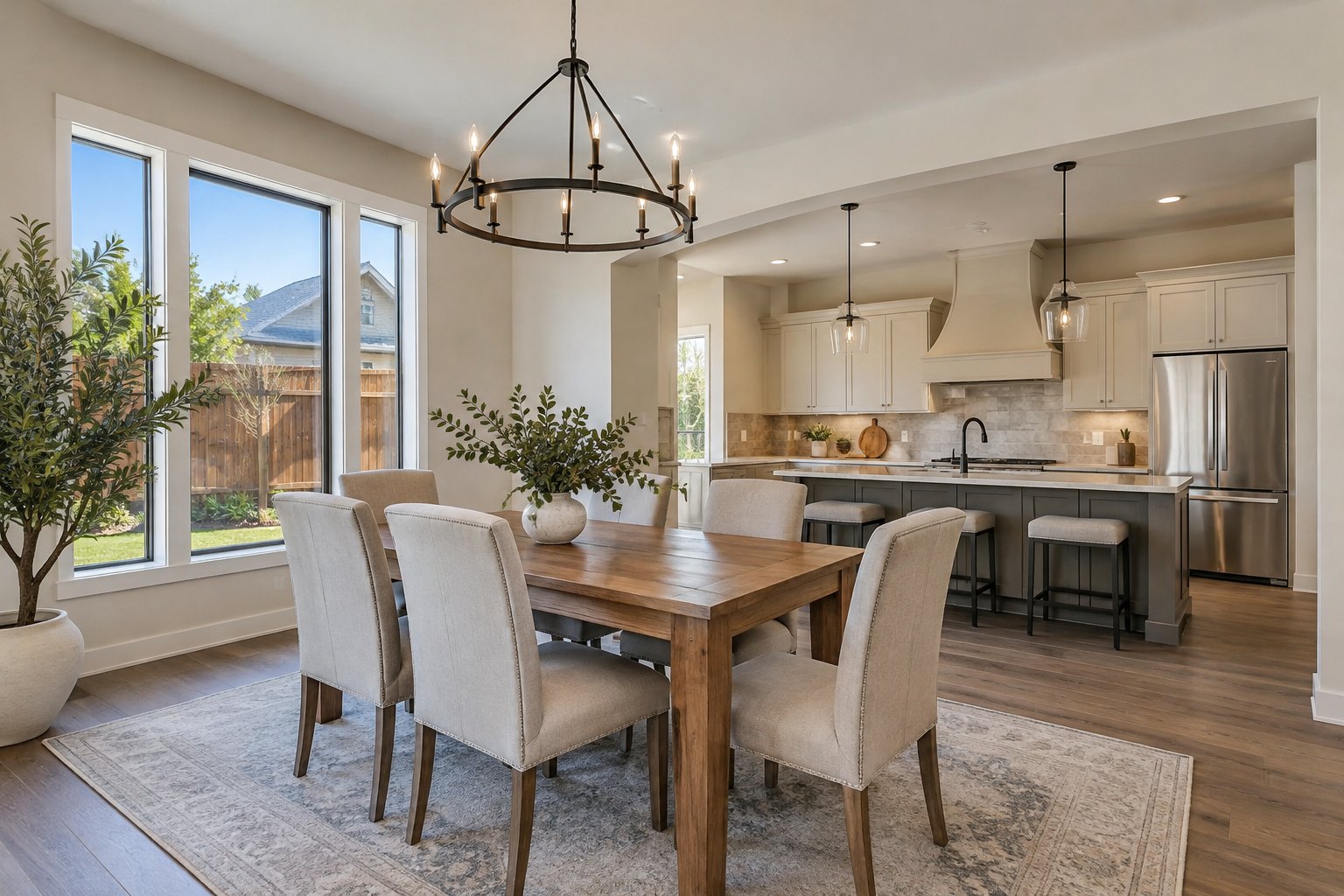 A bright dining room, illustrative